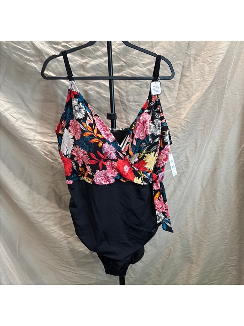 Time and Tru Black One-Piece Swimsuit with Multicolor Floral Top and Side Tie